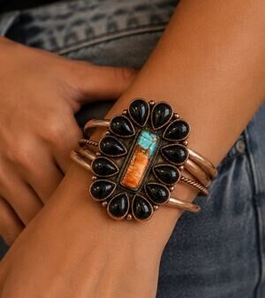 Copper Cuff w Turquoise Orange Spiny & Black Onyx Adjustable